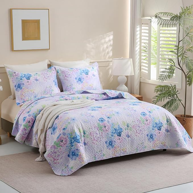 JSD Hydrangea Floral Quilt Set Twin Size, 2 Piece Printed Bedspreads Coverlet with Pillow Sham, Lightweight Quilted Blanket