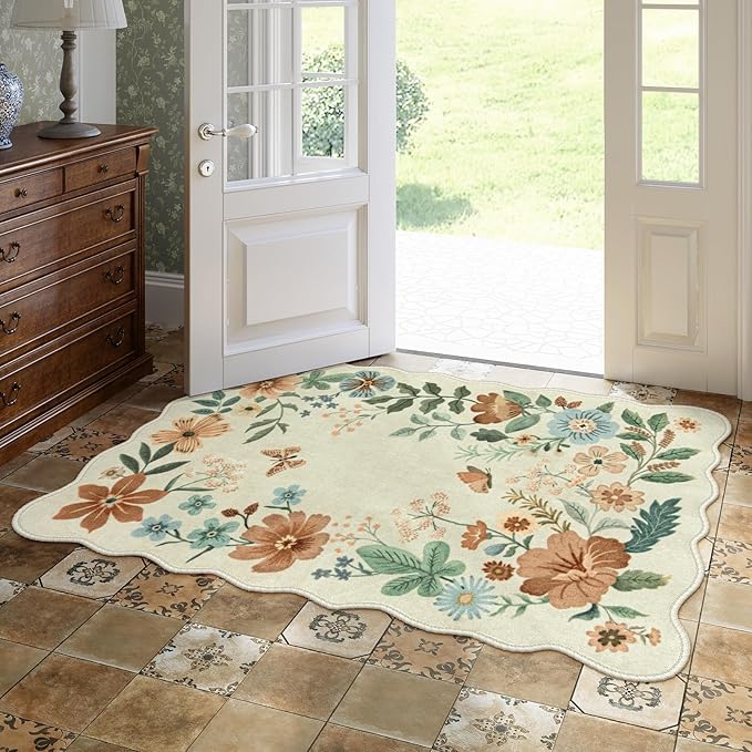 Lahome Floral Machine Washable Rug, 3x5 Rug Non Slip Soft Bedroom Rugs for Entryway Dorm, Ultra-Thin Boho Rugs for Living Room Stain Resistan Throw Carpet for Nursery Entrance Flore, Beige