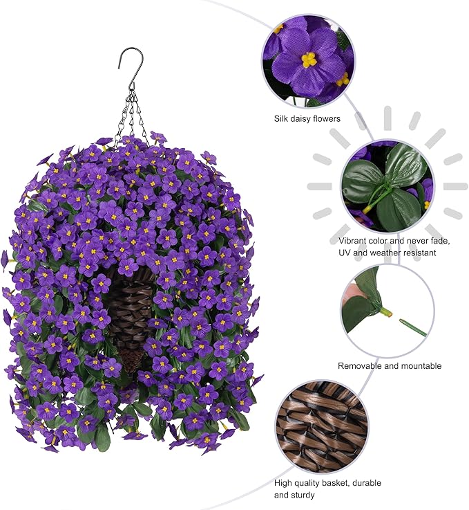 Artificial Fake Outdoor Hanging Flowers Plants Basket for Outside Porch Decoration, Fake Silk Purple Daisy Flower UV Resistant Look Real Orchid Traing Vines for Home Balcony Yard Patio Garden Decor