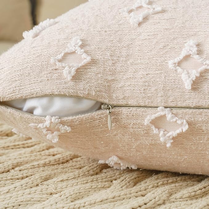 ANRODUO Pack of 2 Beige Floral Boho Decorative Throw Pillow Covers with Tufted Rhombic Jacquard for Room Decor Boho Pillow Covers Decorations 18x18 Soft Pillowcase for Couch Sofa Bed and Living Room