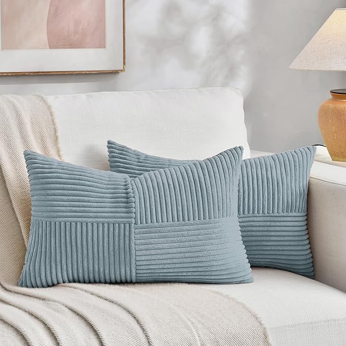 Fancy Homi Set of 2 Light Blue Lumbar Decorative Throw Pillow Covers 14x24 Inch for Couch Bed, Rustic Farmhouse Boho Home Decor, Soft Striped Corduroy Rectangle Accent Cushion Case 35x60 cm