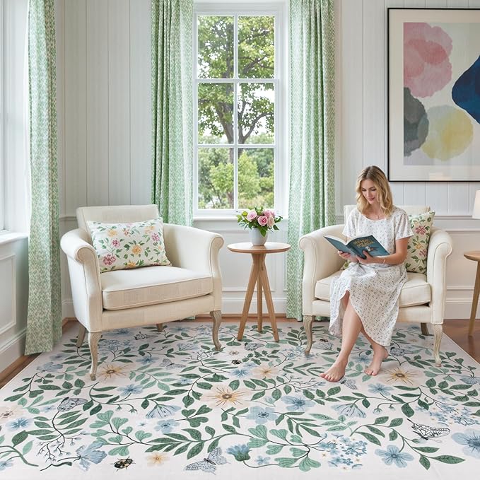 Lahome Reverie 5x7 Light Blue Rugs for Girls Room, Washable Boho Floral Rug Nursery Decor, Non-Slip Thin Carpets for Kids Bedroom, Teen Girls Retreat Nook, Dorm Room, Playroom