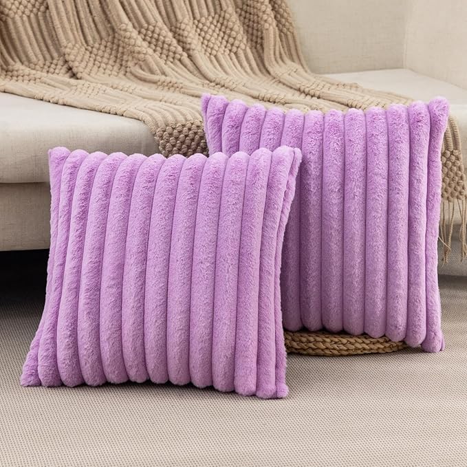 ZLINA Set of 2 Light Purple Faux Fur Decorative Throw Pillow Covers Fluffy Striped Pillowcase Cushion Covers 16 x 16 Inch Decor Sofa Couch Bedroom