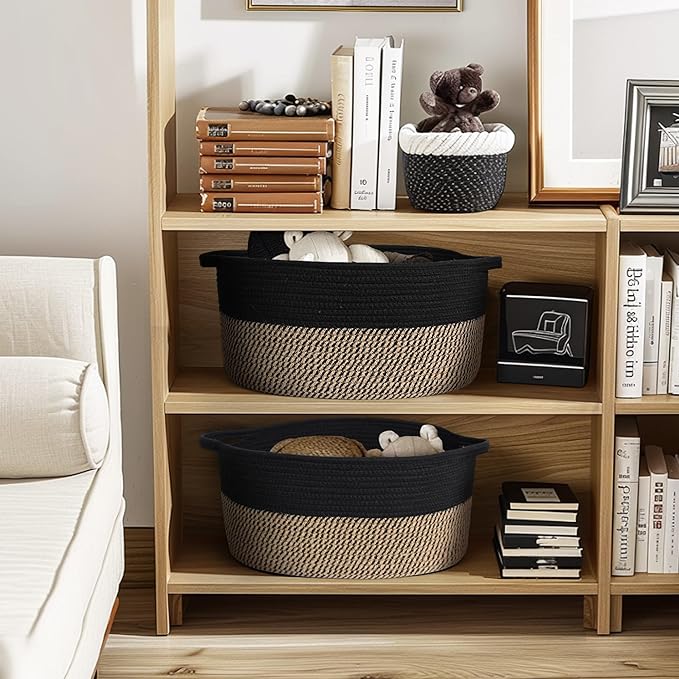 Woven Basket for Storage, 17"x12"x8" Black Cotton Rope Spliced Jute Wicker Basket for Toy, Book, Towel, Cloth, Shoe, Decorative Wicker Storage Bin for Shelves, Closet, Bathroom, Living Room