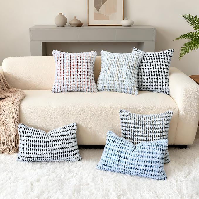 Boho Chenille Tufted Pillow Cover 20x20 Inch Set of 1, Farmhouse Striped Decorative Pillow Covers Accent Fluffy Neutral Square Pillowcases for Couch Sofa Bedroom Living Room, Brown Gray