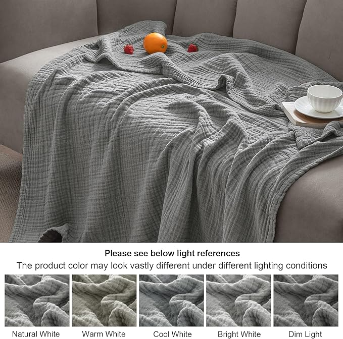 PHF 100% Cotton Muslin Blanket Queen Size 90"x90", 4-Layer Lightweight Gauze Throw, Breathable Cloud-Soft Minimalist Blanket for Bed, Couch, Camping & Baby, Grey, Ideal Gift