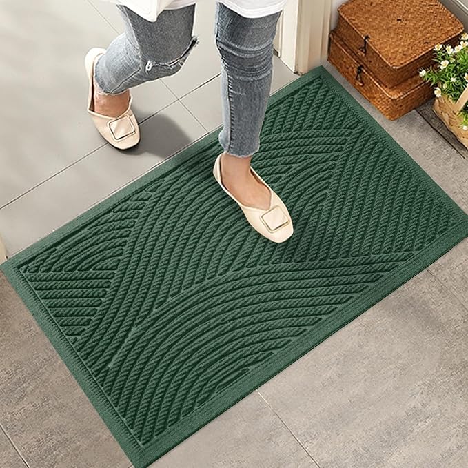 Sturdy Front Door Mat, Absorbent Muddy Dirt Resist Welcome Door Mats Outdoor Indoor, Stain and Fade Resistant, Non-Slip Backing Entry Mat Low Profile Doormat for Entryway, 36×24, Green
