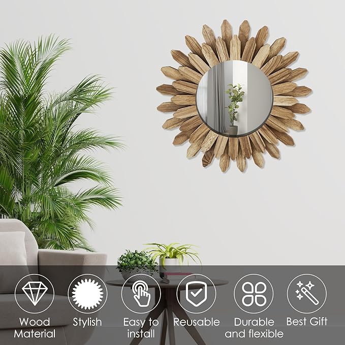 Mirror Wall Decor 12 inch Boho Mirror Home Decor Rustic Round Wood Mirror Wall Mirror Decorative Sunburst Mirror Boho Mirror Home Wall Decor Farmhouse Wall Decor for Bedroom Living Room Entryway