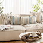 ANRODUO Pack of 1 Boho Decorative Throw Pillow Covers 14x36 Farmhouse Cushion Case Long Striped Chenille Pillow Cases Lumbar Pillow Covers Accent Neutral Pillow for Sofa Couch Bed, Light Blue Stripe
