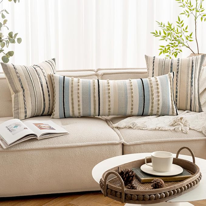 ANRODUO Pack of 1 Boho Decorative Throw Pillow Covers 14x36 Farmhouse Cushion Case Long Striped Chenille Pillow Cases Lumbar Pillow Covers Accent Neutral Pillow for Sofa Couch Bed, Light Blue Stripe