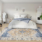 Amearea Vintage Design Area Rugs for Living Room, 5x8 Machine Washable Floral Collection Traditional Bedroom Rug, Low Pile Kids Room Print Carpet, No Slip Office Kitchen Home Decor, Blue and Orange
