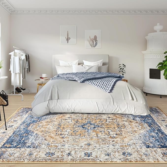 Amearea Vintage Design Area Rugs for Living Room, 4x6 Machine Washable Floral Collection Traditional Bedroom Rug, Low Pile Kids Room Print Carpet, No Slip Office Kitchen Home Decor, Blue and Orange