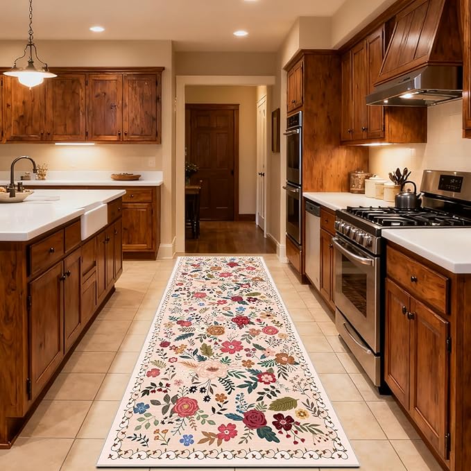 Washable Beige Red 2'6" x 10' Runners for Hallways, Non Slip Long Floor Runner for Kitchen, Entryway Indoor, Stain Resistant Rubber Backing Floral Décor Rug