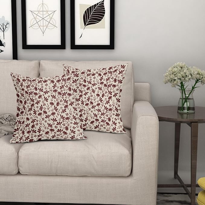 Burgundy Floral Pillow Covers 16x16 Set of 2 Vintage Rustic Old Style Cute Small Flower Burgundy Red Cream Print Decorative Outdoor Pillowcases Farmhouse Throw Cushion Case Decor for Couch Sofa Bed
