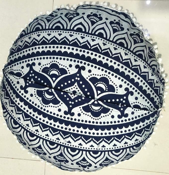 INDIAN CRAFT CASTLE 24" Blue Silver Mandala Barmeri Large Floor Pillow Cover Cushion Meditation Seating Ottoman Throw Cover Hippie Decorative Zipped Bohemian Pouf Ottoman Pom Pom Cases 24" Round