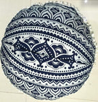 INDIAN CRAFT CASTLE 24" Blue Silver Mandala Barmeri Large Floor Pillow Cover Cushion Meditation Seating Ottoman Throw Cover Hippie Decorative Zipped Bohemian Pouf Ottoman Pom Pom Cases 24" Round