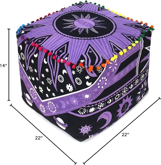 CRAFT KALA Large Hippie Mandala Meditation Floor Ottoman Pillow Cushion Pouf Cover Square Poufs Cover Bohemian Circle Floor Cushion Cover Outdoor Living Room Decor 22X22X14 inches, Purple Burning Sun