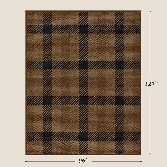 JTJ Brown Large Checkered Area Rug for Living Room - Washable 8x10 Easy Jute Plaid Rug for Dining Room Under Table, Black Striped Outdoor Porch Mat, Non Slip Foldable Neutral Earthy Rustic Décor