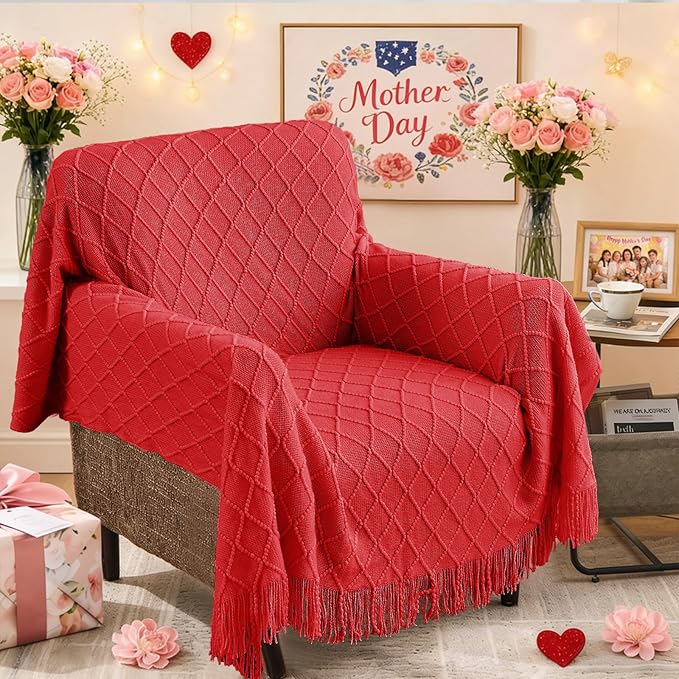 inhand Red Knitted Throw Blanket for Couch Bed, Mothers Day/Mom Birthday Gifts for Mom from Daughter Son, Soft Lightweight with Tassels, Farmhouse Warm Decorative Blanket for Women, 50"x60"