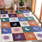 Boho Sun and Moon Washable Rug Ultra Thin, Vintage Mystical Celestial Checkerboard 4x6 Area Rug for Living Room Entryway Kitchen Dorm, Hippie Retro Aesthetic Cute Trendy Indie Bedroom Accent Carpet