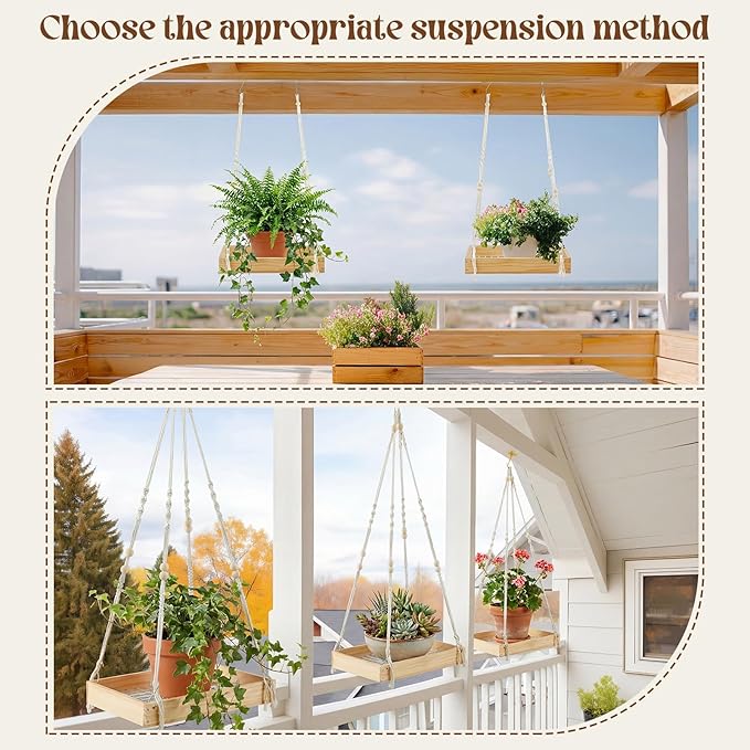 Novabright 2 Pcs Window Hanging Plant Shelf with Macrame Adjustable Rope, 16" Large Wooden Plant Hanger Indoor with Metal Frame, Load 50lb, Suit for Window Ceiling Wall Mount Boho Decor