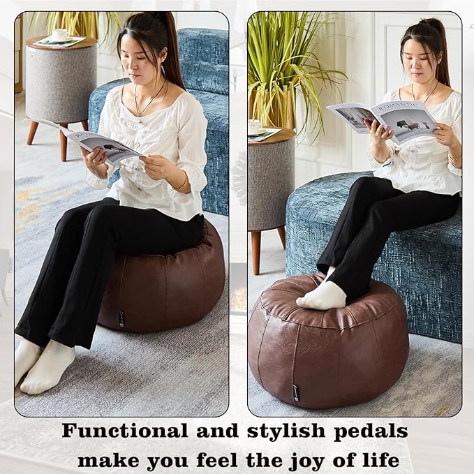 Louis Donné Unstuffed Pouf Stool Ottoman Footrest Cover Only Moroccan Vintage Storage Clothes Waterproof Faux Leather Small Bean Bag Cover Kits Reading Camping Travel pet Friendly (Only Cover)(Brown)