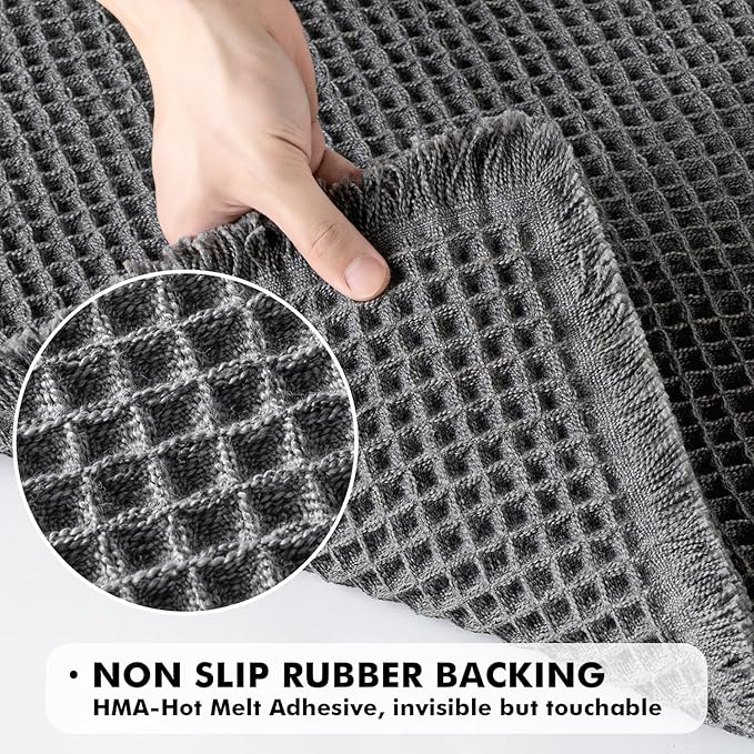 MIULEE Set of 2 Waffle Bathroom Rugs, Boho Bath Rugs Non Slip Washable, Super Absorbent Bath Mats, Ultra Soft Rubber Backed Shower Mats for Bathroom Floor, Tub and Shower, Dark Grey, 18x30 Inch