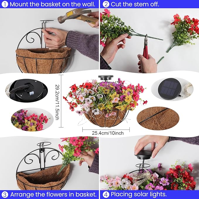 Solar Hanging Basket with Artificial Flowers: Outdoor Fake Flower Baskets with Solar String Lights for Fall Decor - 10 inch Plant Basket with Silk Faux Petunias for Porch Railing Fence Wall Door