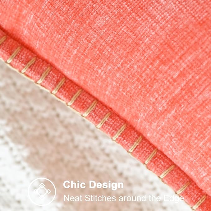CaliTime Throw Pillow Covers Decorative 22 X 22 Inches Pack of 2 Cotton Thread Stitching Edges Solid Dyed Soft Chenille Cushion Cases for Couch Sofa Bed Living Room Farmhouse Living Coral