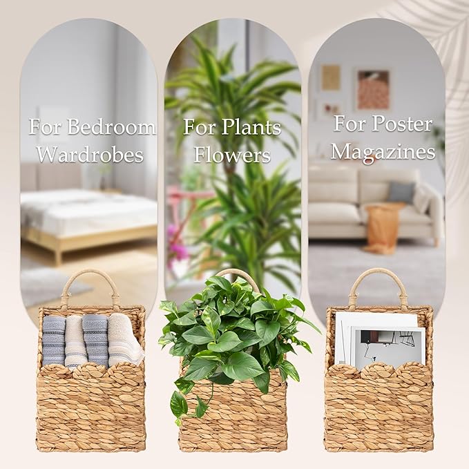 Wicker Hanging Baskets Scalloped Wall Baskets Decor Handmade Woven Hanging Basket Foldable, for Front Door Home Garden Pantry Farmhouse Rustic Decor