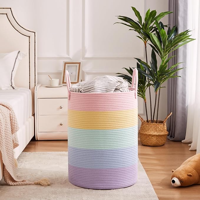 80L Extra Large Rainbow Baby Girls Hamper Laundry Basket for Kids Nursery Pastel Tall Blanket Basket for Toy Woven Rope Unicorn Clothes Hamper in Living Room Playroom Bedroom 16"D x 22"H