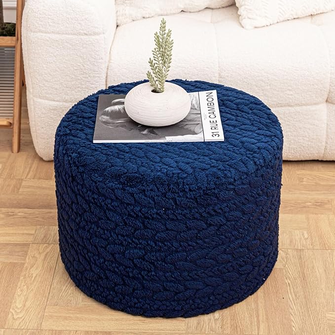 Round Pouf Ottoman 20 x 20 x 14 Inches Boho Poof Home Decor Floor Pouffe Ottoman Foot Rest for Couch Sofa Bean Bag Chairs Living Room Bedroom (Dark Blue)