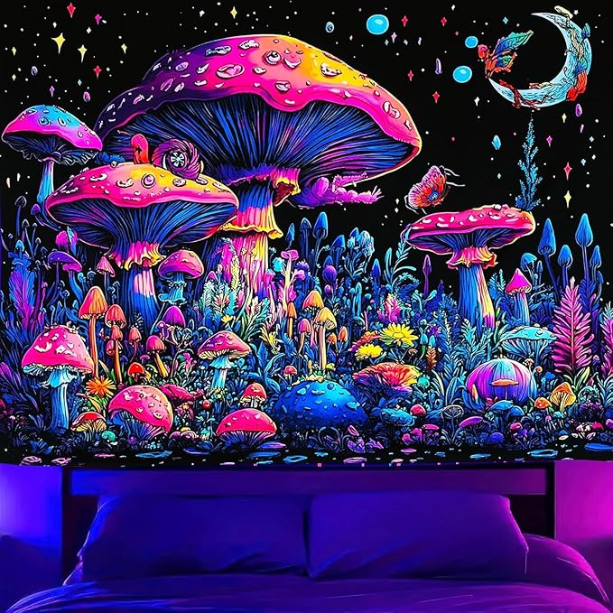TUGCAY Blacklight Mushroom Tapestry Fantasy Forest Moon Butterfly Plant Snail Tapestry UV Reactive Aesthetic Wall Hanging Tapestries for Bedroom Dorm Living Room Classroom Decor 60 x 50 Inches