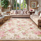 Lahome Floral Washable Rugs 9x12, Large Area Rugs 9x12 Living Room,Soft Non-Slip Thin Vintage Boho Bedroom Carpet for Dining Room Playroom Nursery Farmhouse, Nina Beige/Pink/Multi