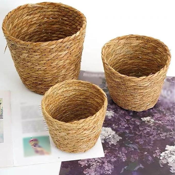 Woven Basket, Hand Woven Containers Flower Pots Boho Indoor Planter Decorative Flower Storage Organizer for Home Office Decoration (Small)