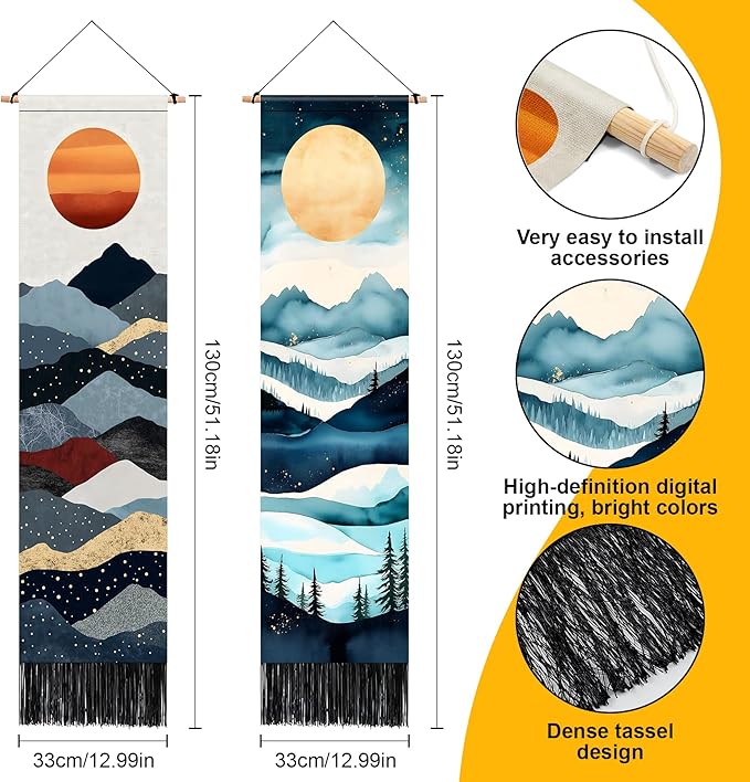 AOHMPT Pack of 2 Long Vertical Tapestry,Nature Landscape Tapestry with Serene Mountain River, Moon & Sun Motifs,Traditional Ink Painting Wall Art,Zen Aesthetic Wall Hanging for Living Room Bedroom Decor 13" W x 51" H"