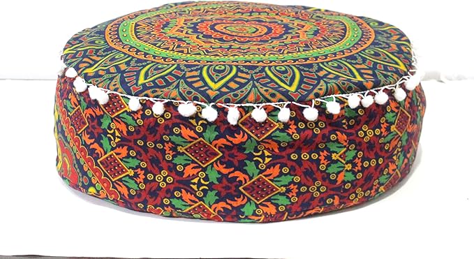 INDIAN CRAFT CASTLE ICC Floor Pillows & Cushion Covers Decorative Hippie Mandala Pouf Pillow Covers Seating Meditation Cushion Cover Large Boho Ottoman Case Pillowcase Couch New Blue, 24" Round