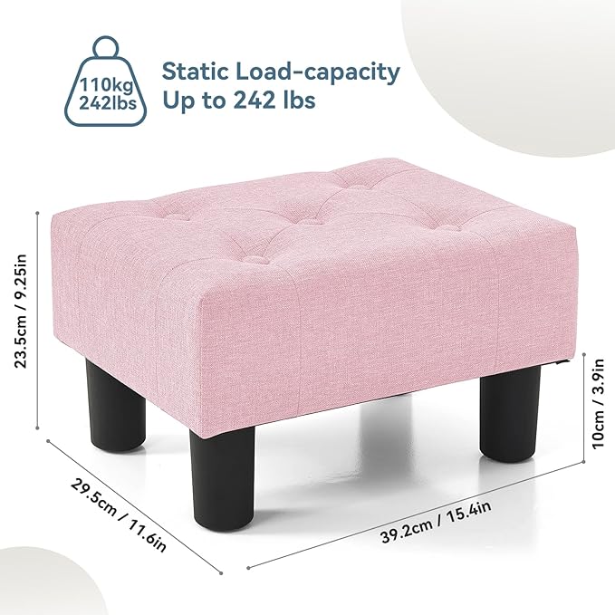 Poofzy Small Foot Stool Ottoman, Linen Ottoman Foot Rest with Legs, Rectangle Foot Rest for Couch, Footstools and Ottomans Small for Living Room and Entryway (Pink)