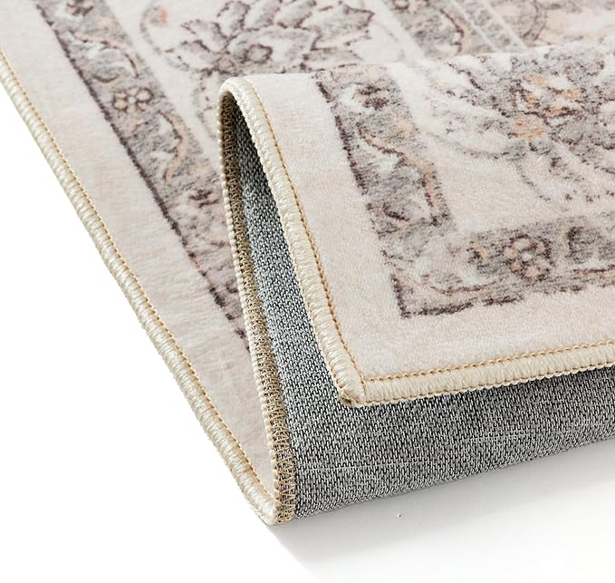6x9 Area Rug Beige Washable Vintage Carpet Living Room Bedroom Large Non Slip Stain Soft Resistant Low Pile Thin Boho Accent Indoor Throw Rug for Dining Room Office