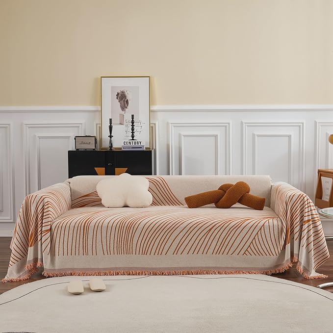 VClife Couch Cover Soft Chenille Sofa Cover Modern Minimalist Creamy Beige Couch Cover with Abstract Terracotta Line - Washable Non Slip Sofa Slipcover Reverse 2-Seaters Sofa Protector