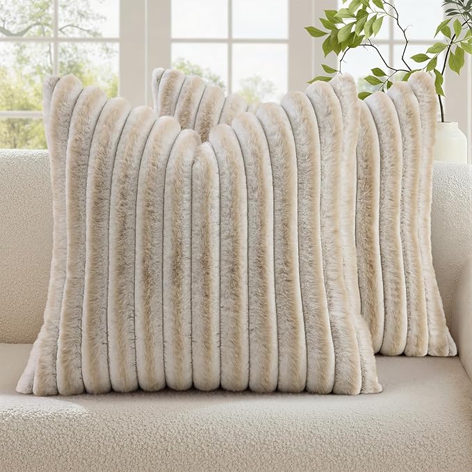 decorUhome Summer Cozy Faux Fur Throw Pillow Covers 24x24 Set of 2 Decorative Plush Striped Modern Farmhouse Boho Couch Euro Sham Pillow Cases with Velvet Back for Sofa Bed Living Room, Beige White