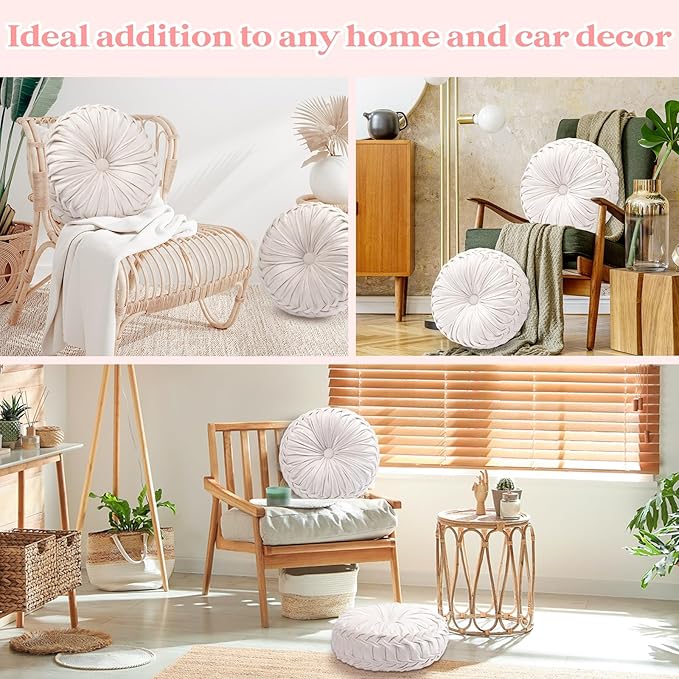 2 Pcs Round Throw Pillows 15 Inch Decorative Velvet Pleated Pumpkin Pillows Boho Floor Pillow with Center Button for Living Room Couch Chair Bed Sofa Home Decoration (Ivory)