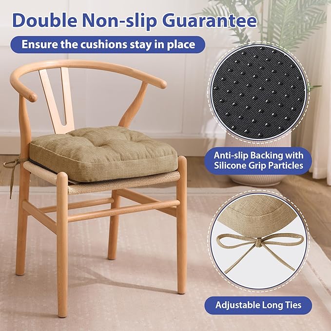 Chair Cushions for Dining Chairs, Dining Chair Cushions, Tufted Indoor Chair Pads with Ties & Non Slip Backing, Seat Cushions for Kitchen Chairs 16.5” x 16.5” x 3.5”, Set of 2, Khaki