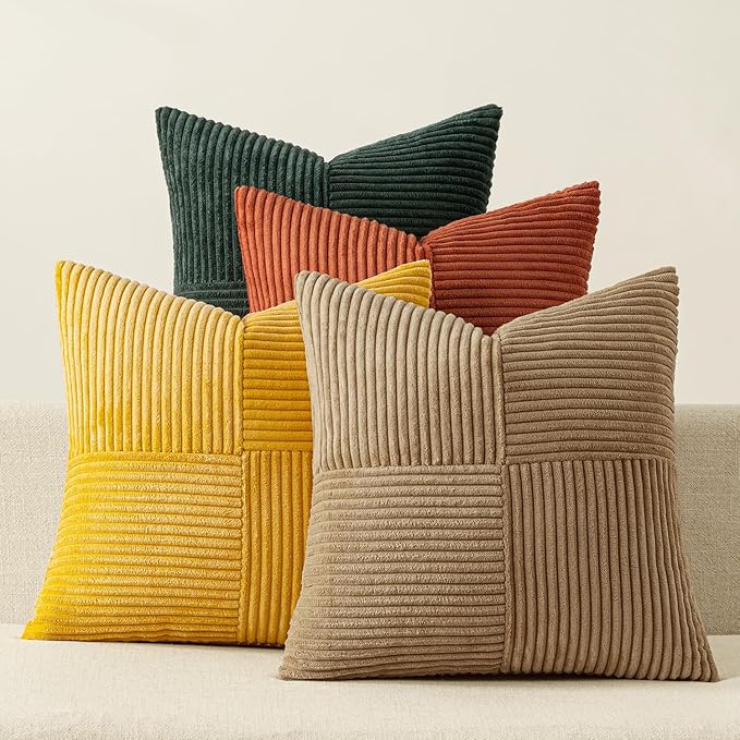 MIULEE Green Rust Throw Pillow Covers 18x18 Inch Set of 4 Boho Farmhouse Soft Corduroy Striped Cushion Cases Decorative Color-Clash Home Decor for Couch Sofa Living Room Bed