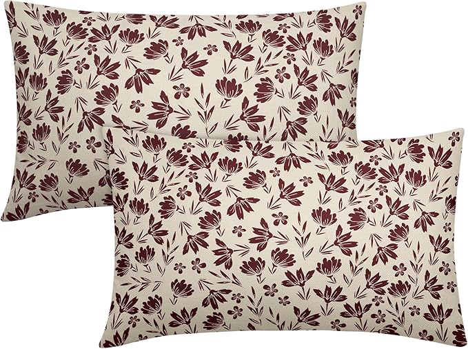 Burgundy Floral Pillow Covers 12x20 Set of 2 Vintage Rustic Old Style Cute Small Flower Cream Print Rectangle Decorative Outdoor Pillowcases Farmhouse Throw Cushion Case Couch Sofa Bed Decor