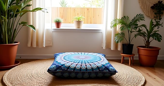 INDIAN CRAFT CASTLE 24" Blue Peacock Mandala Barmeri Large Floor Pillow Cover Cushion Meditation Seating Ottoman Throw Cover Hippie Decorative Zipped Bohemian Pouf Ottoman Pom Pom Cases 24" Square
