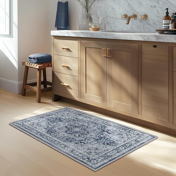 Blue Gray 2x3 Entryway Rug, Modern Vintage Washable Kitchen Rugs Non Slip, Ultra Thin Medallion Door Mat Indoor Entrance Back Front Door, Small Rug for Inside Entry/Foyer/Bathroom/Bedside