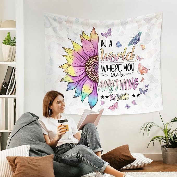 WARDOS Be Kind Sunflower Butterfly Decorations For Kids Tapestry, Inspirational Tapestry Wall Hanging, Be Kind Motivational Wall Blanket Decor for Home Living Room Bedroom Office Classroom, 50x60 Inch