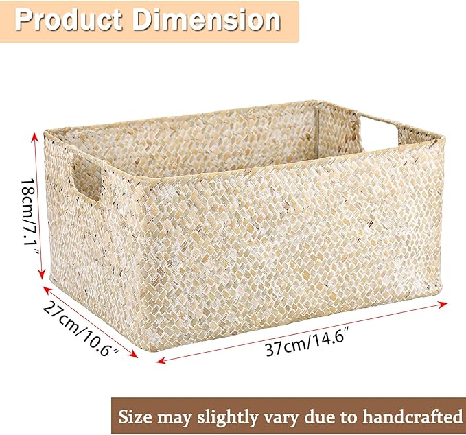 Hipiwe Wicker Shelf Baskets Seagrass Storage Opened Baskets Bin Built-in Handles Rectangular Closet Bedroom Organizer Box Multipurpose Woven Basket Home Organizer,Whitewash,14.6"x 10.6" x 7"