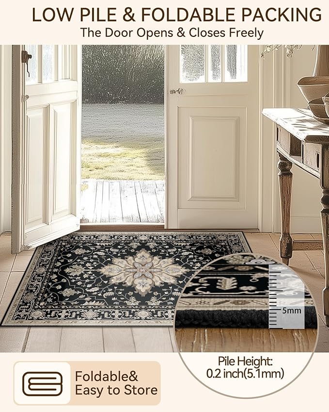 Area Rugs 9'x12' Washable Non-Slip, Floral Vintage Distress Print Pattern Medallion Carpet for Living Room Bedroom Dining Room, Black Brown Neutral Dark Tan